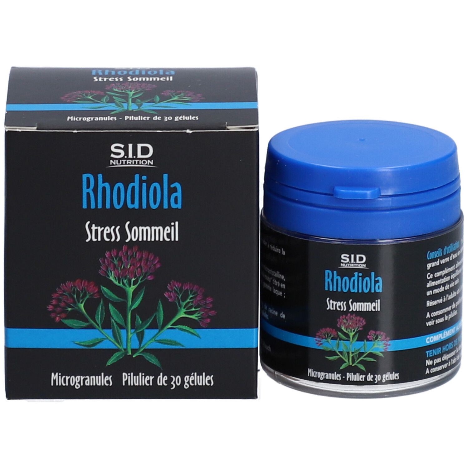 Emballage du produit: boîte et flacon. Inscription: Rhodiola Stress Sommeil. Logo SID Nutrition. 30 microgranules.