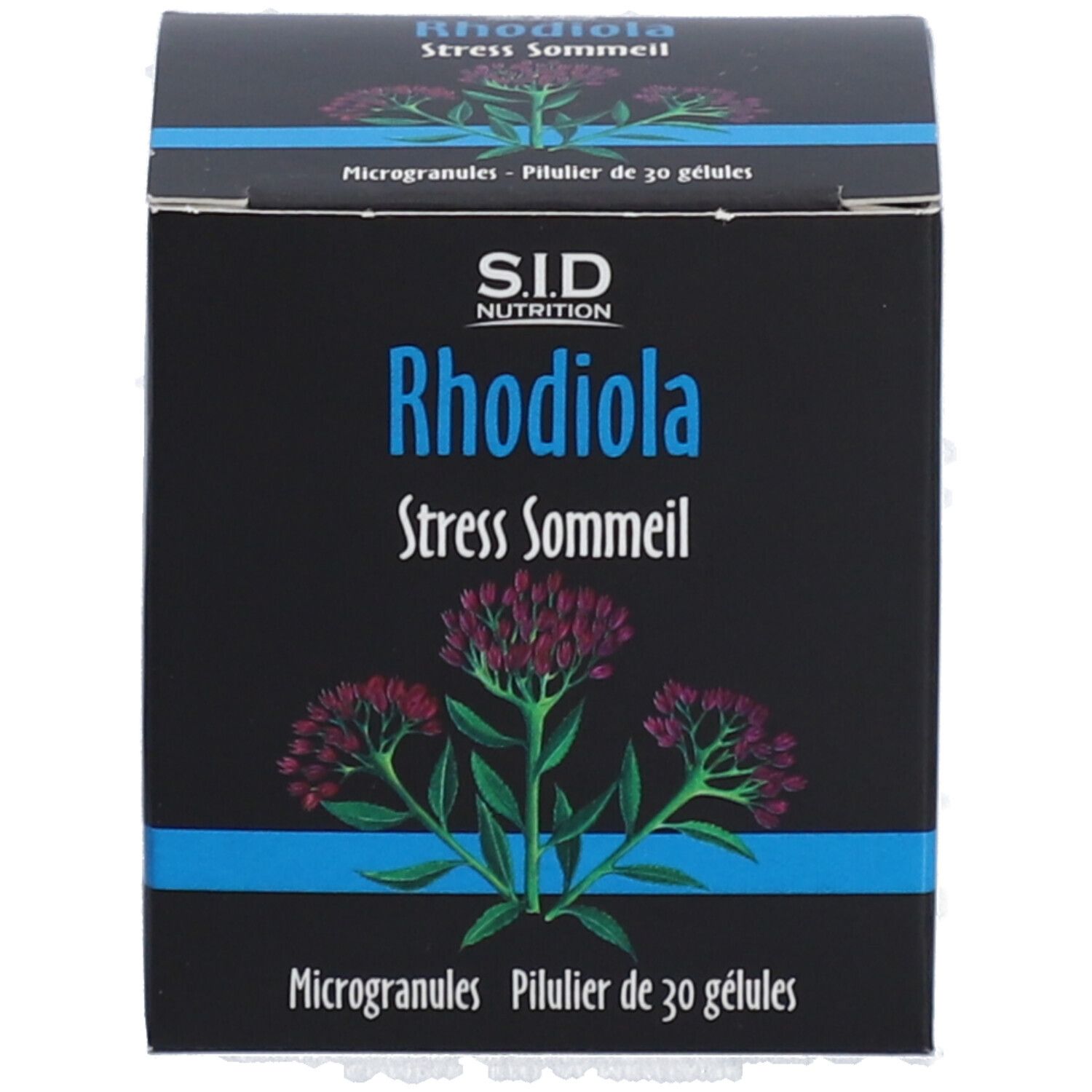 Boîte noire avec accents bleus. Inscription: Rhodiola Stress Sommeil. Logo SID Nutrition. 30 microgranules.