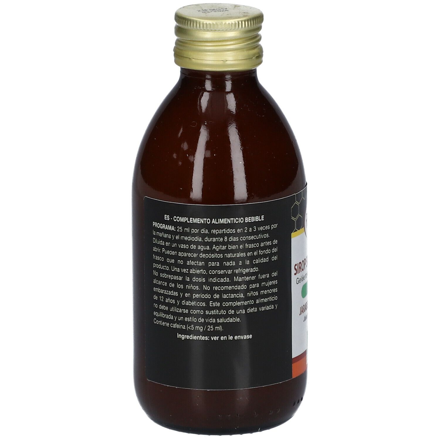 Dos de la bouteille en verre brun. Étiquette noire avec texte. Bouchon doré. Motif en nid d'abeilles.