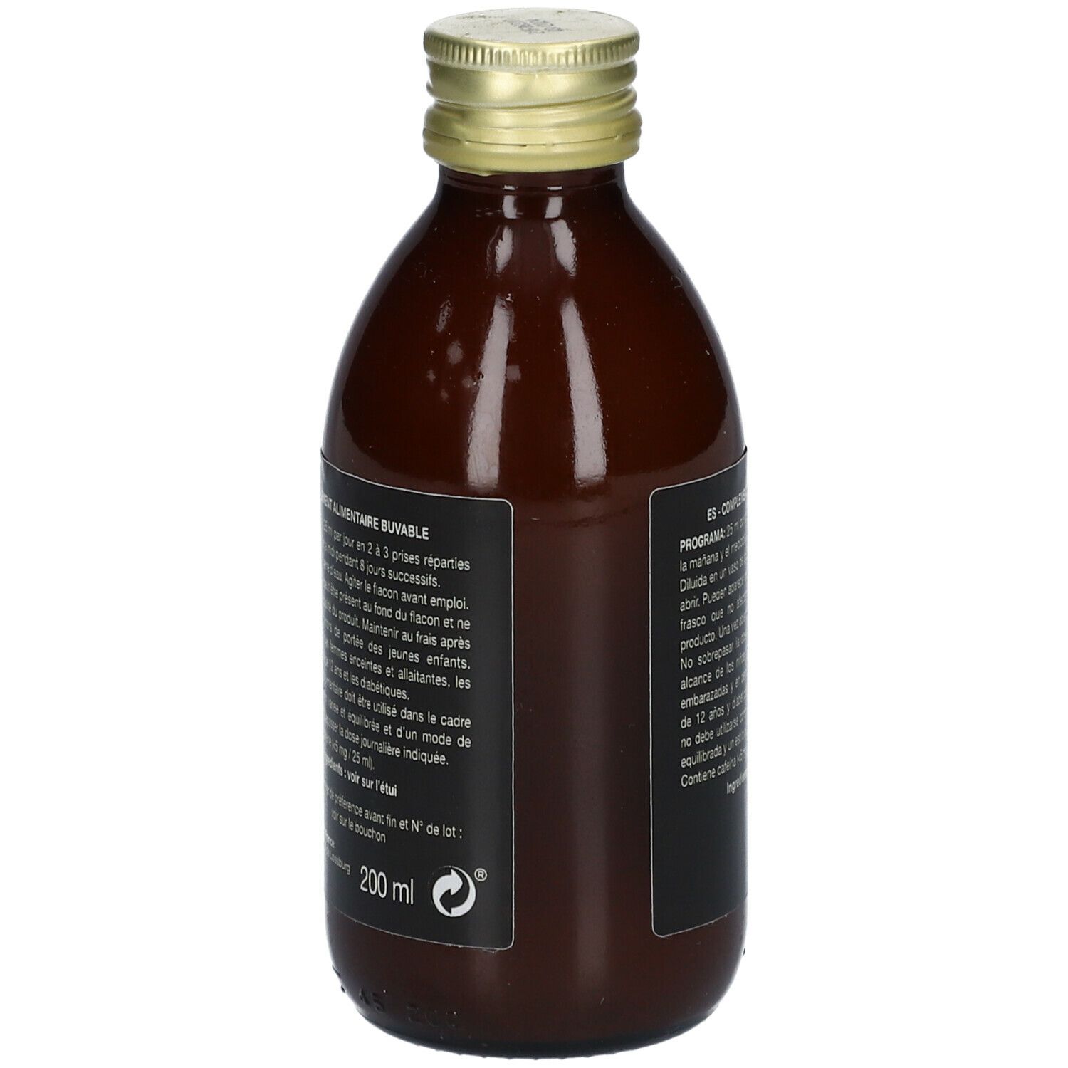 Vue arrière de la bouteille en verre brun. Étiquette noire avec texte. Bouchon doré. 200 ml.