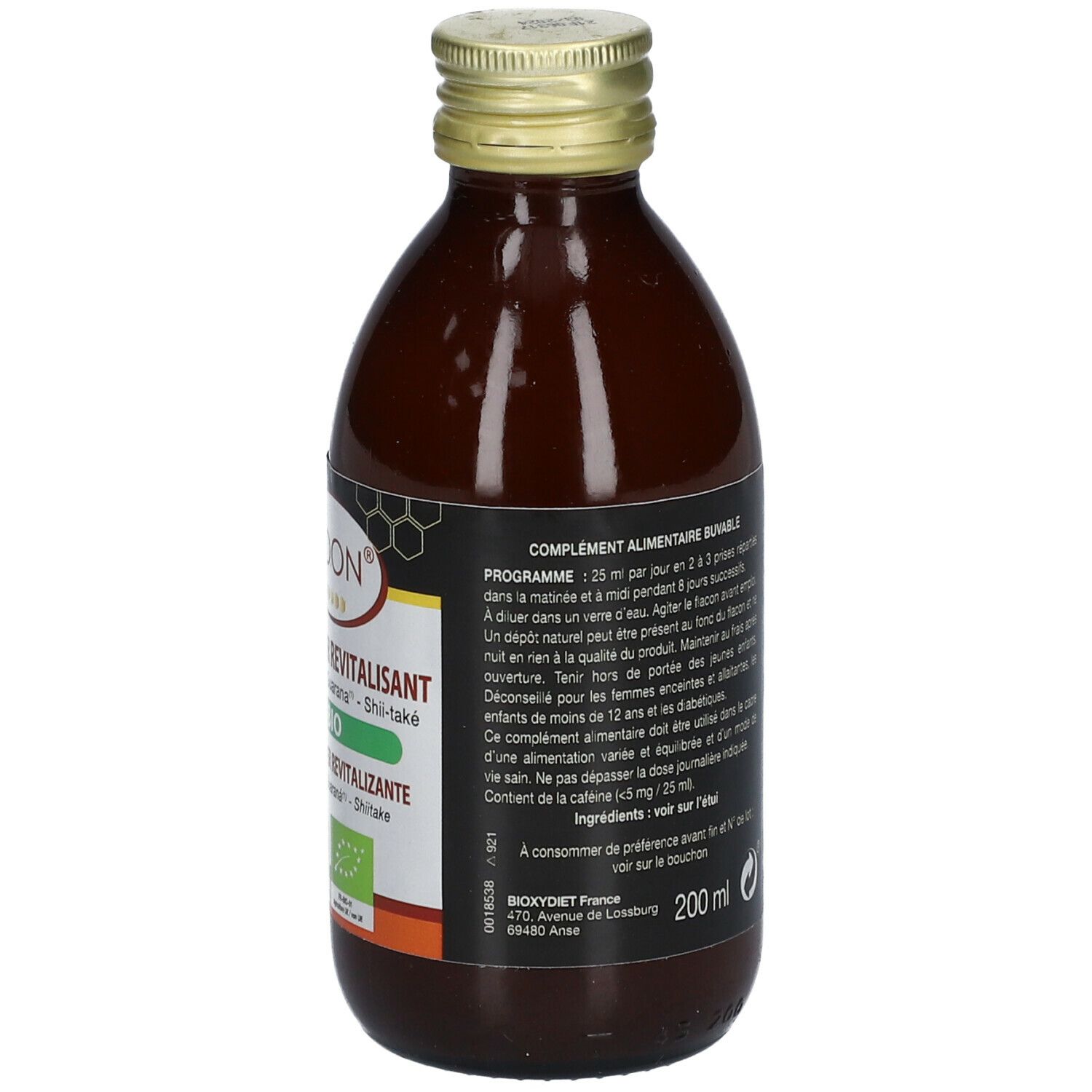 Bouteille en verre brun avec bouchon doré. Étiquette avec nom et label bio. 200 ml.