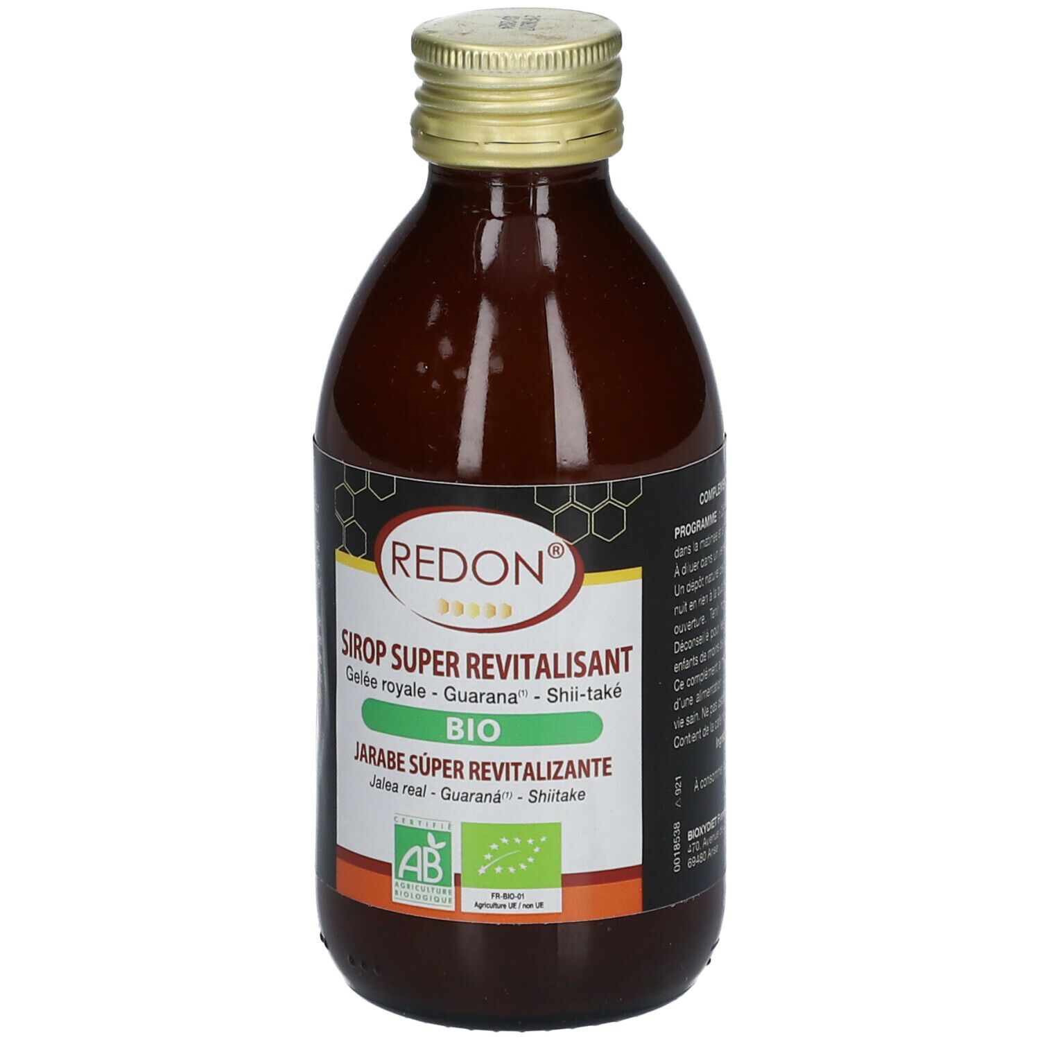 Bouteille en verre brun avec bouchon doré. Étiquette avec nom et label bio. Motif en nid d'abeilles.