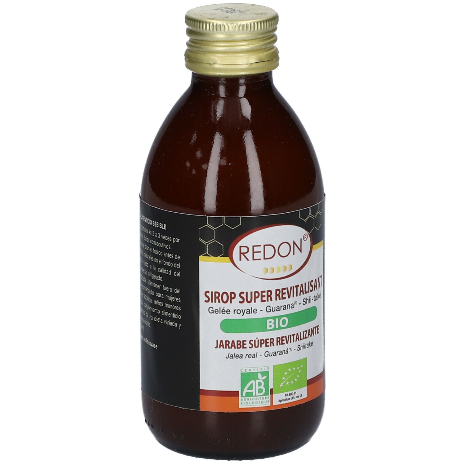 Bouteille en verre brun avec bouchon doré. Étiquette avec nom et label bio. Motif en nid d'abeilles.