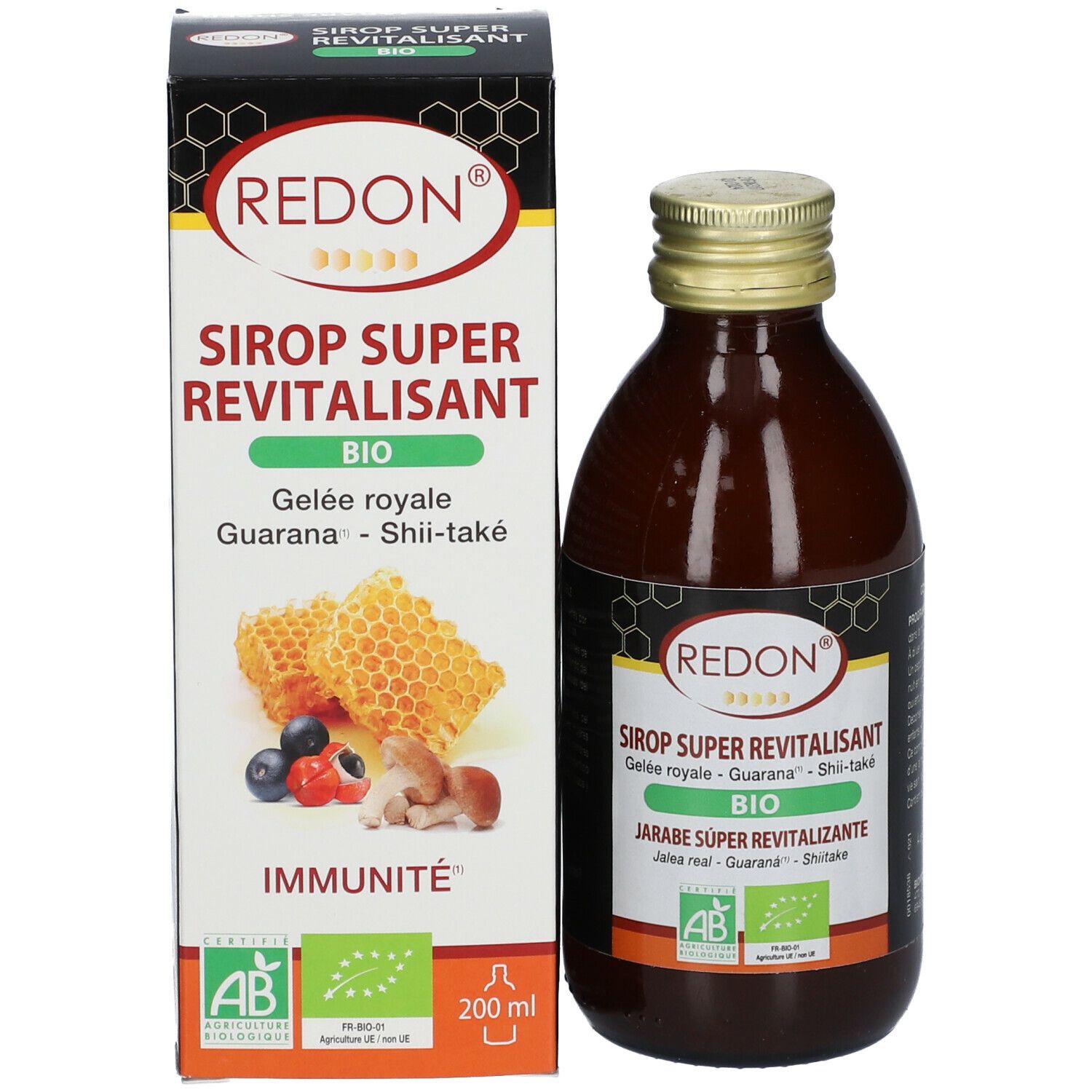 Bouteille et boîte du produit. Bouteille brune, bouchon doré. Boîte avec nom, nids d'abeilles et fruits.