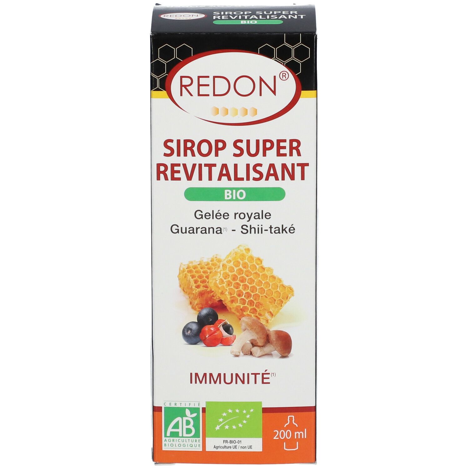Emballage du produit avec flacon. Boîte avec nom, nids d'abeilles, fruits et label bio.