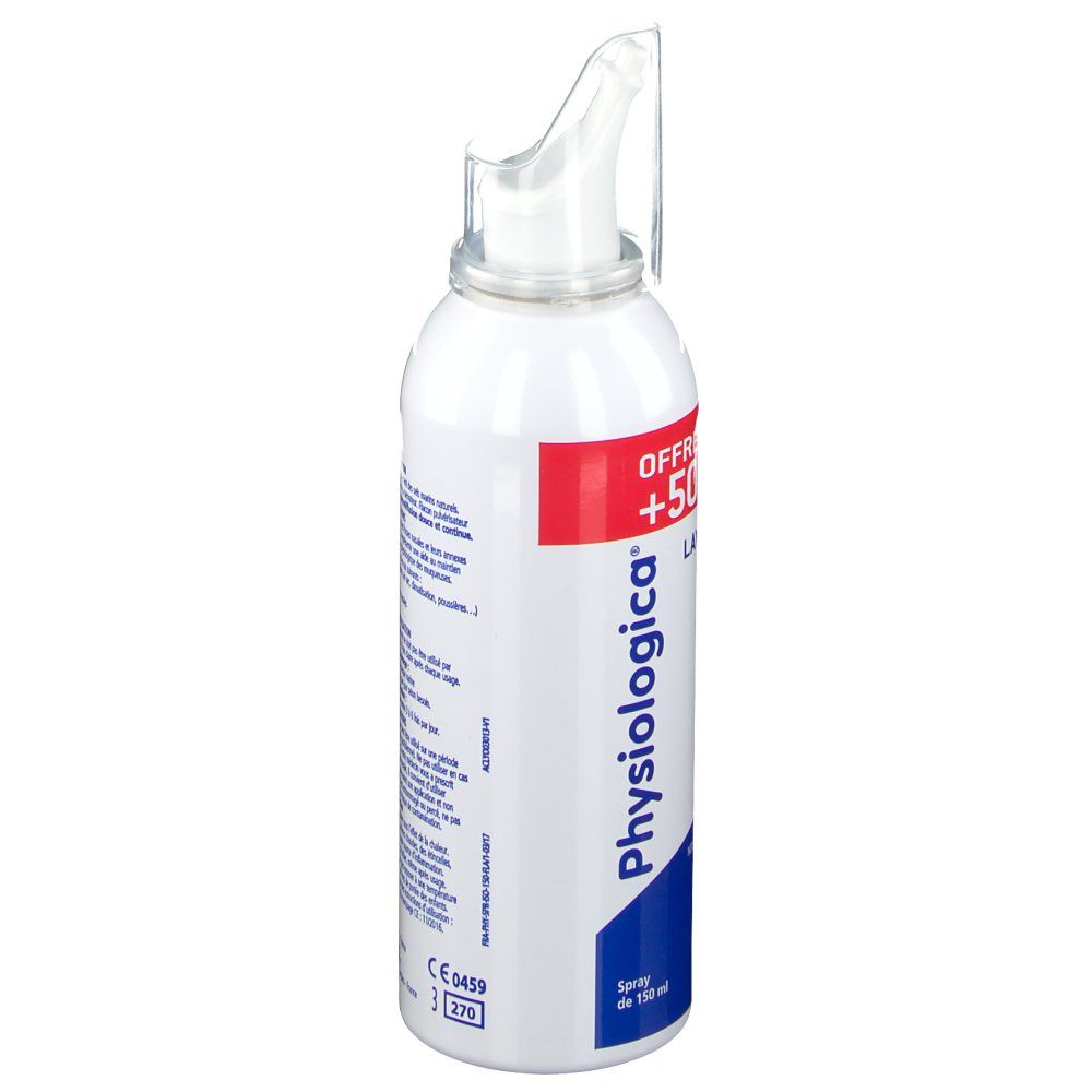 Spray blanc avec applicateur nasal. Autocollant rouge "+50%". Texte bleu: "Physiologica". Texte: "Spray de 150 ml". Marquage CE.