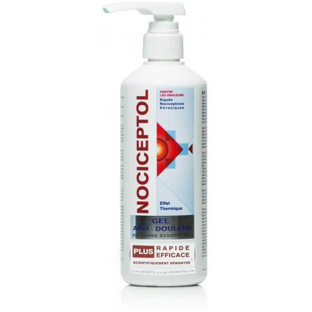Flacon blanc avec pompe doseuse. Inscription Nociceptol. Texte: Gel Anti-Douleur, Plus, Rapide, Efficace.
