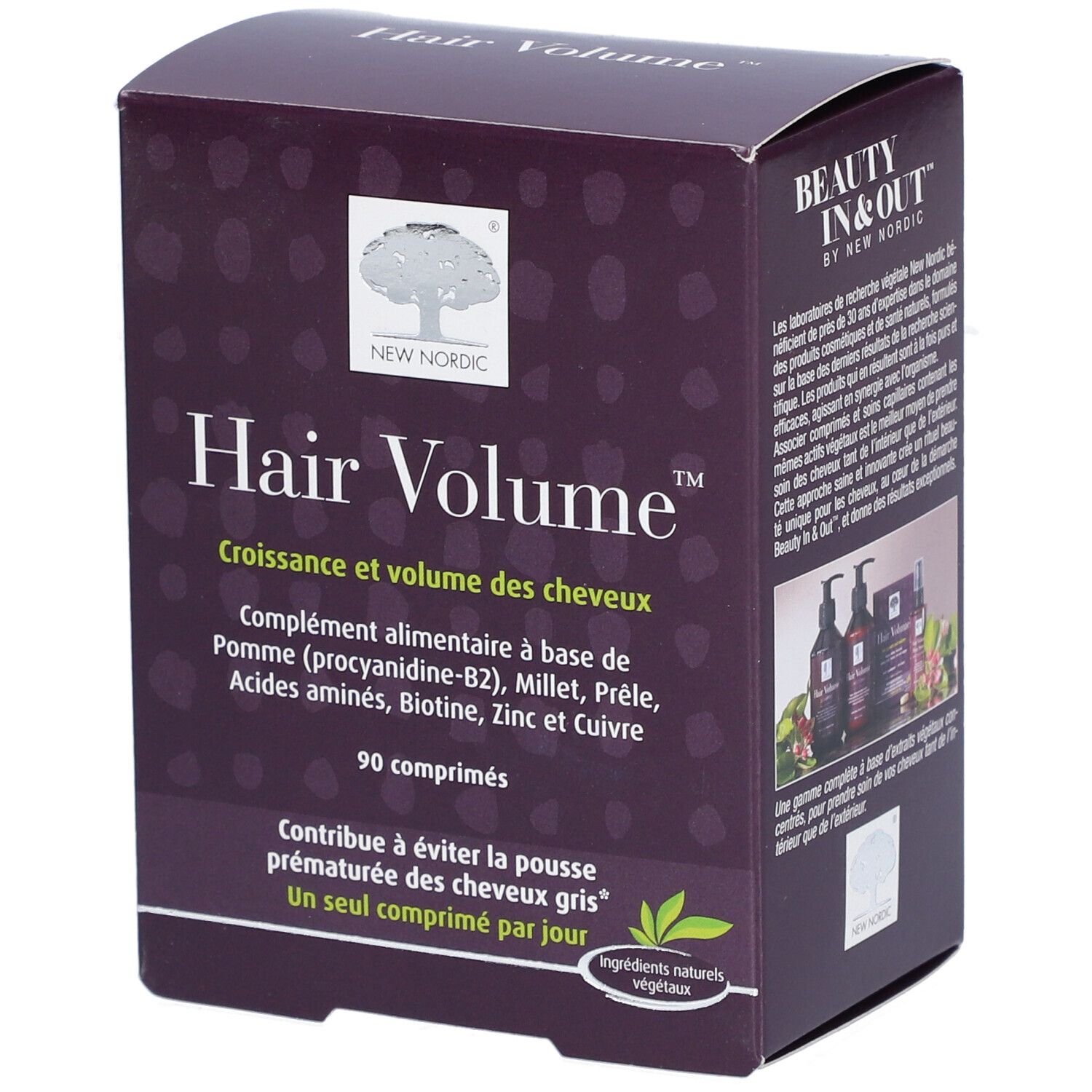 Boîte violette 'Hair Volume' de New Nordic. Contient 90 comprimés. Ingrédients naturels végétaux.