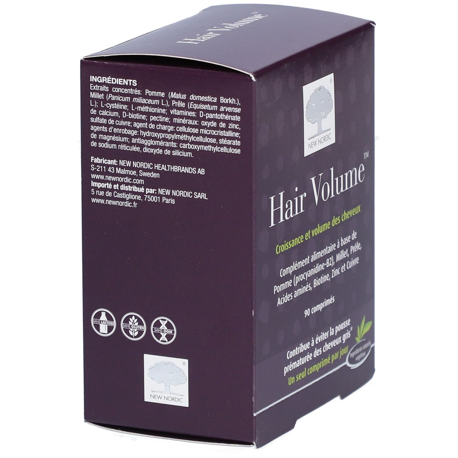 Boîte violette 'Hair Volume'. Dos avec ingrédients et informations fabricant.