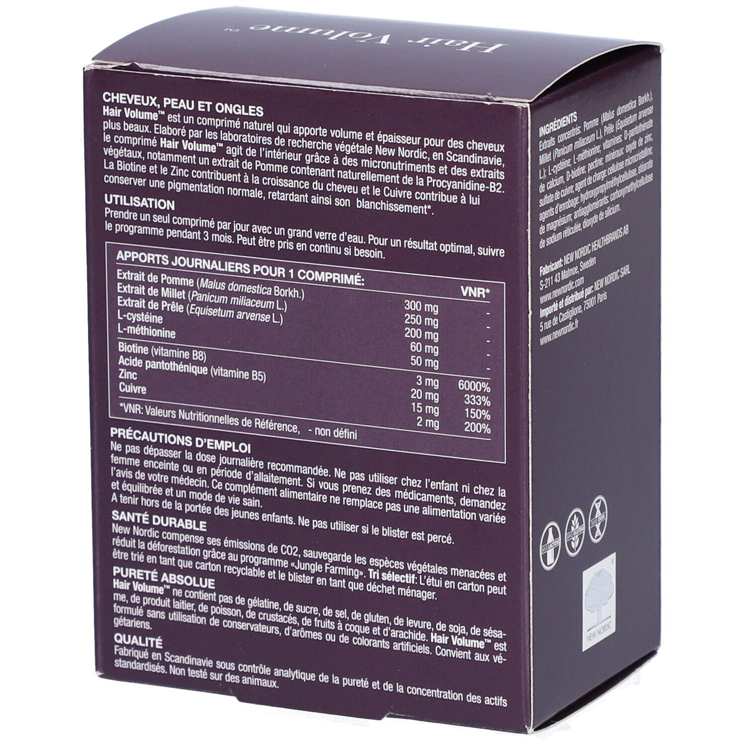 Boîte violette 'Hair Volume'. Dos avec ingrédients, dosage et avertissements.