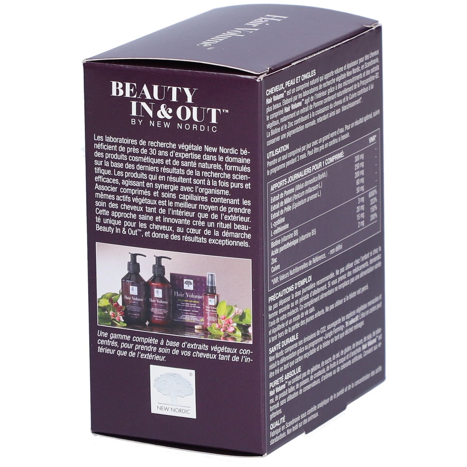 Boîte violette 'Hair Volume'. Côté avec 'Beauty In & Out' et illustrations de produits.