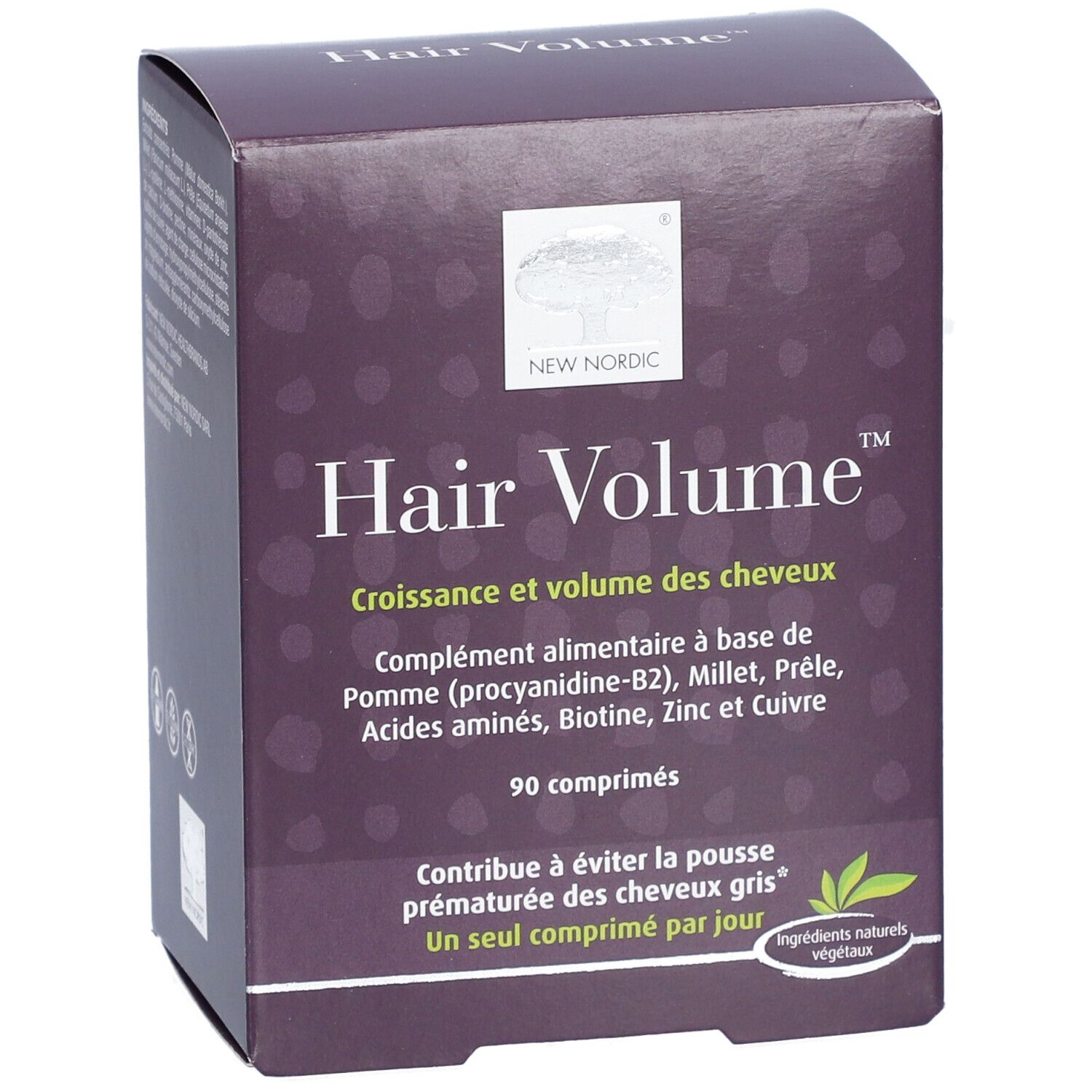 Boîte violette 'Hair Volume' de New Nordic. Contient 90 comprimés. Ingrédients naturels végétaux.