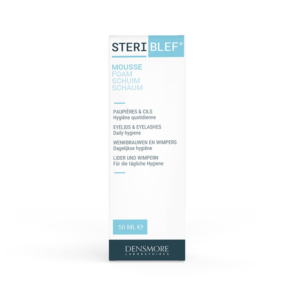 Emballage de Stériblef® Mousse. Blanc, texte bleu, informations produit. Marque Densmore.