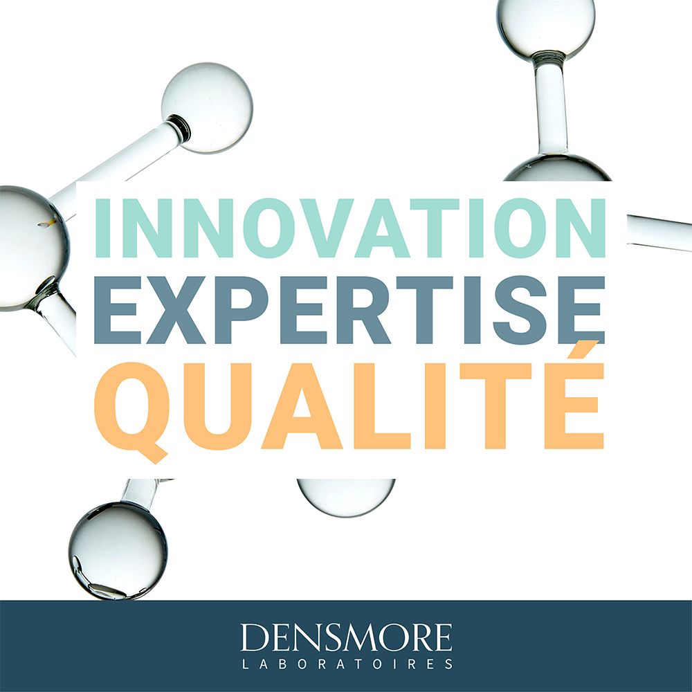 Texte avec les mots Innovation, Expertise, Qualité. Marque Densmore.