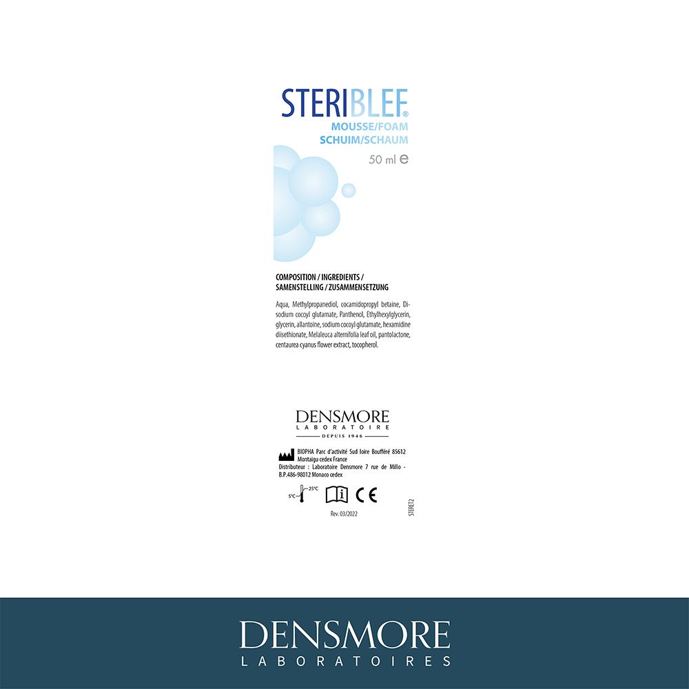 Dos de l'emballage de Stériblef® Mousse. Informations produit et marque Densmore.
