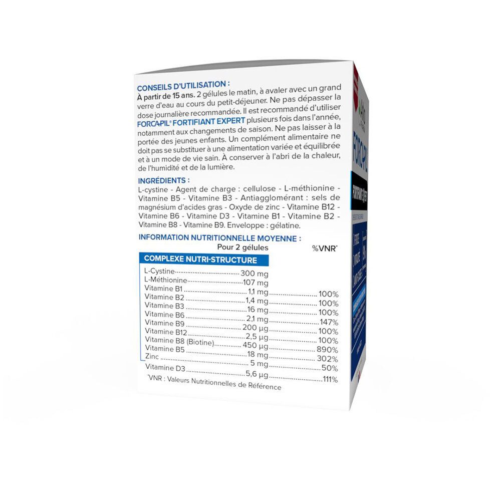 Arrière de la boîte Arkopharma Forcapil Fortifiant Expert avec conseils d'utilisation et informations nutritionnelles.