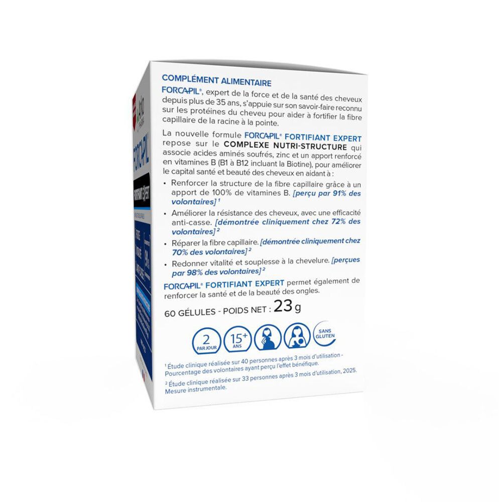 Côté de la boîte Arkopharma Forcapil Fortifiant Expert avec description du produit et études cliniques.