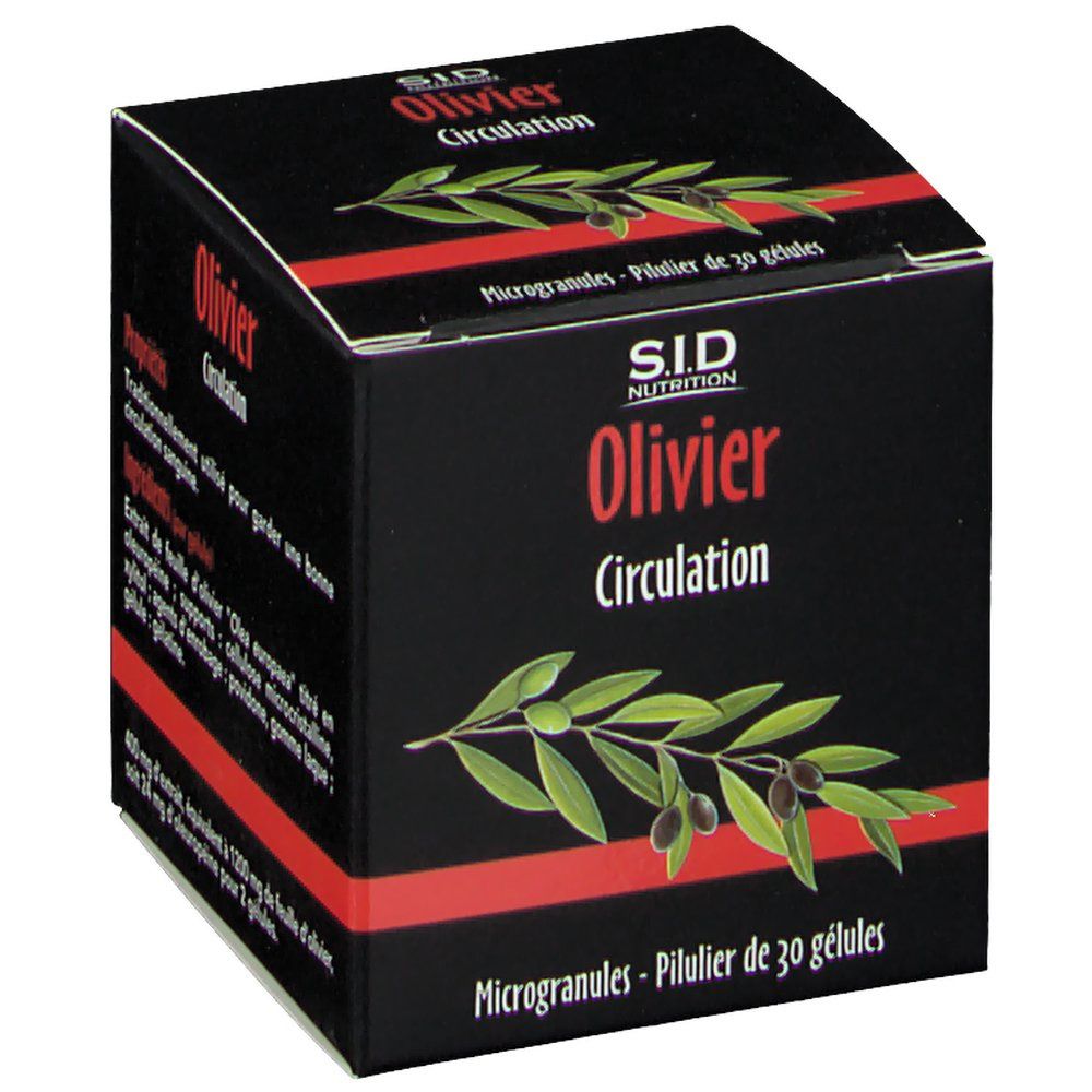 SID Nutrition Olivier Circulation: Boîte noire avec illustration de branche d'olivier. Contient 30 gélules.