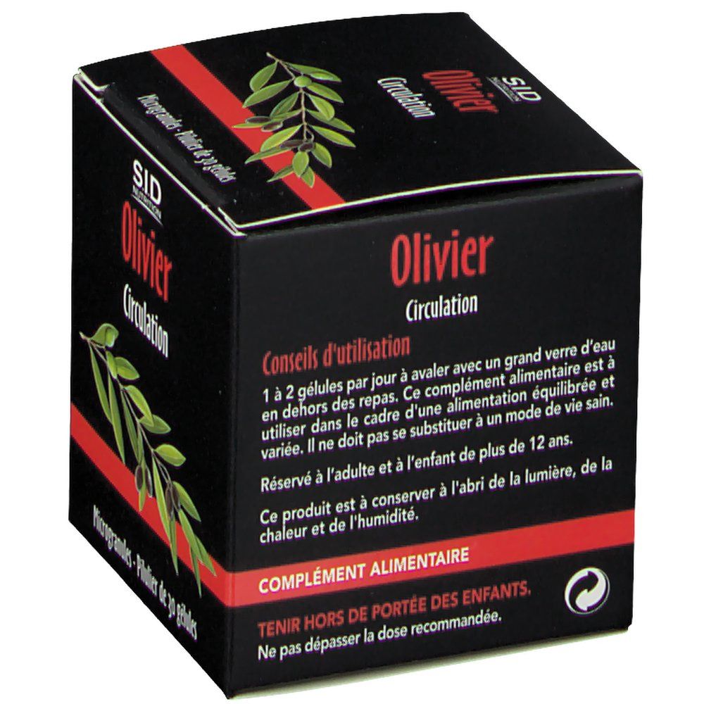 SID Nutrition Olivier Circulation: Arrière de la boîte avec conseils d'utilisation et avertissements. Contient 30 gélules.