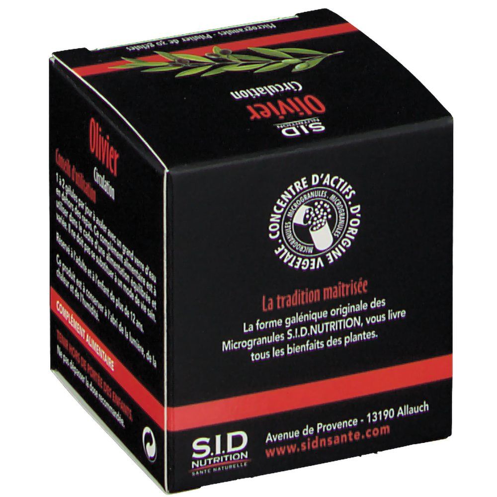 SID Nutrition Olivier Circulation: Vue latérale de la boîte avec informations sur les actifs végétaux. Contient 30 gélules.