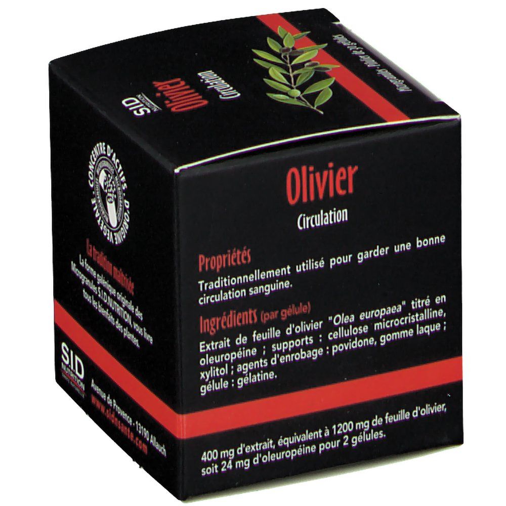SID Nutrition Olivier Circulation: Vue latérale de la boîte avec propriétés et ingrédients du produit. Contient 30 gélules.