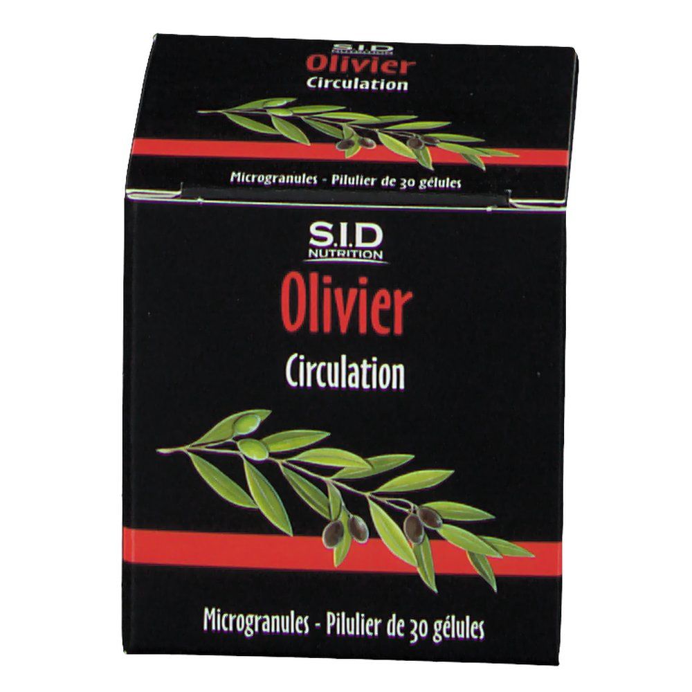SID Nutrition Olivier Circulation: Face avant de la boîte avec illustration de branche d'olivier. Contient 30 gélules.