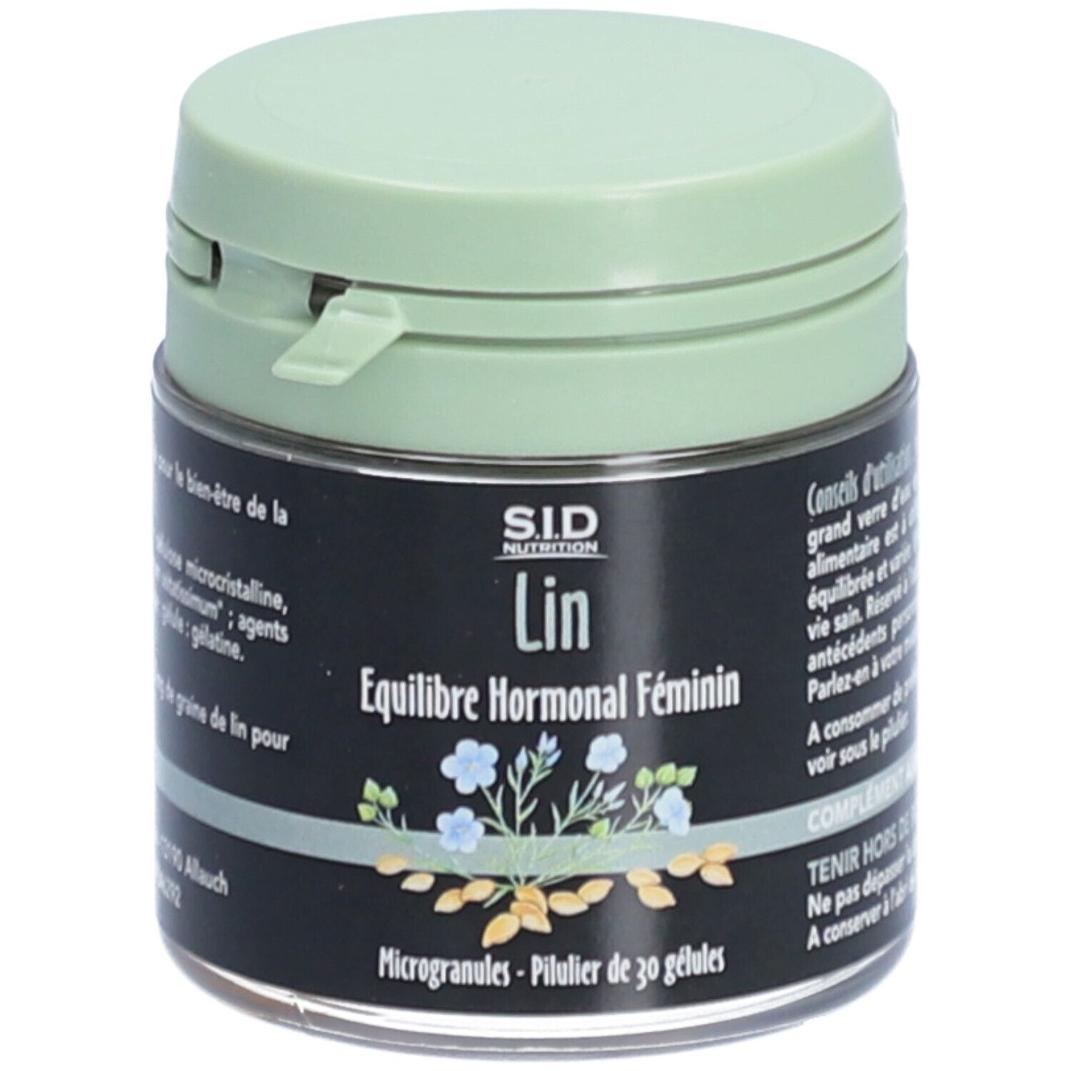 Flacon vert. Inscription: SID Nutrition, Lin, Équilibre Hormonal Féminin. 30 microgranules.