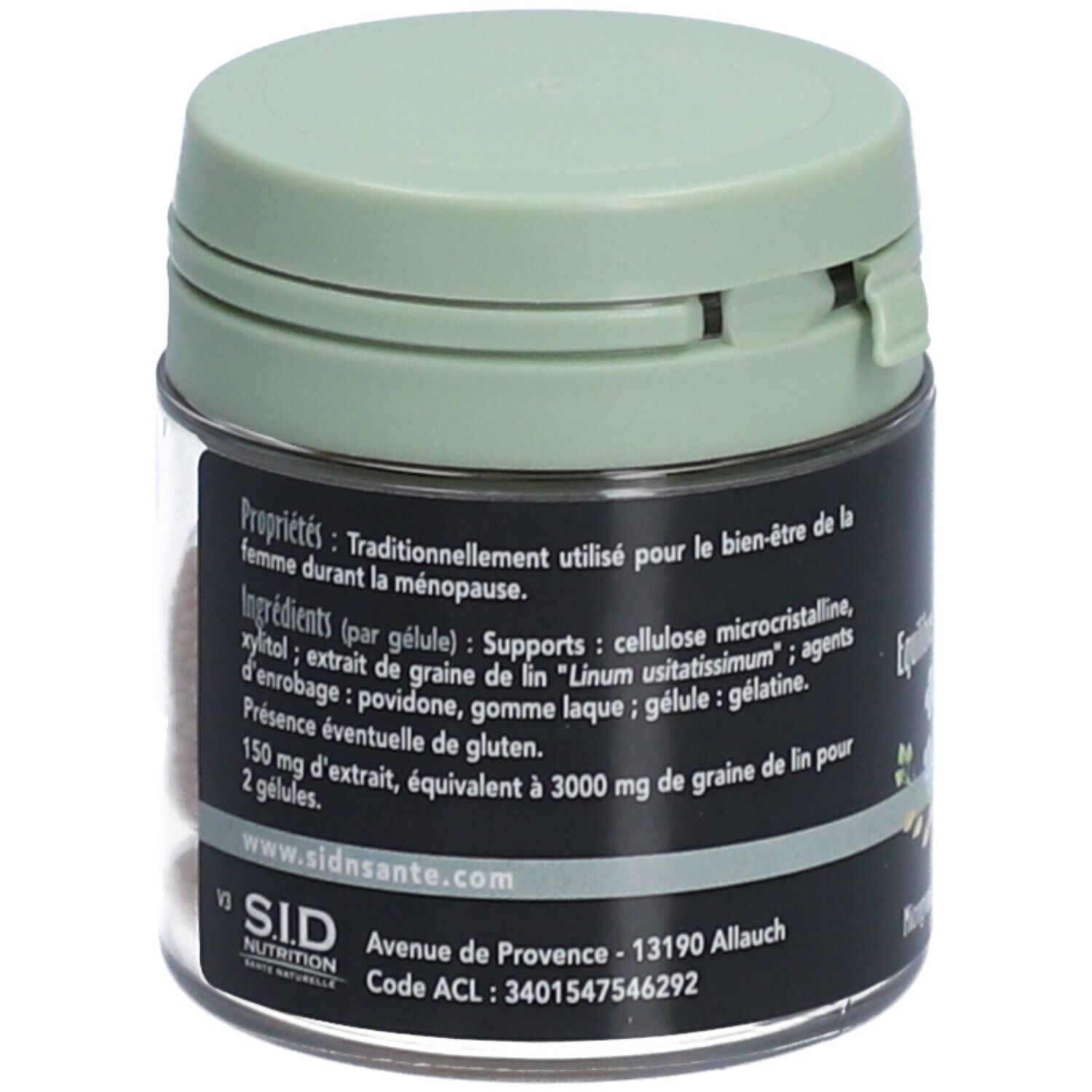 Dos du flacon. Texte: Propriétés, ingrédients, SID Nutrition, adresse.