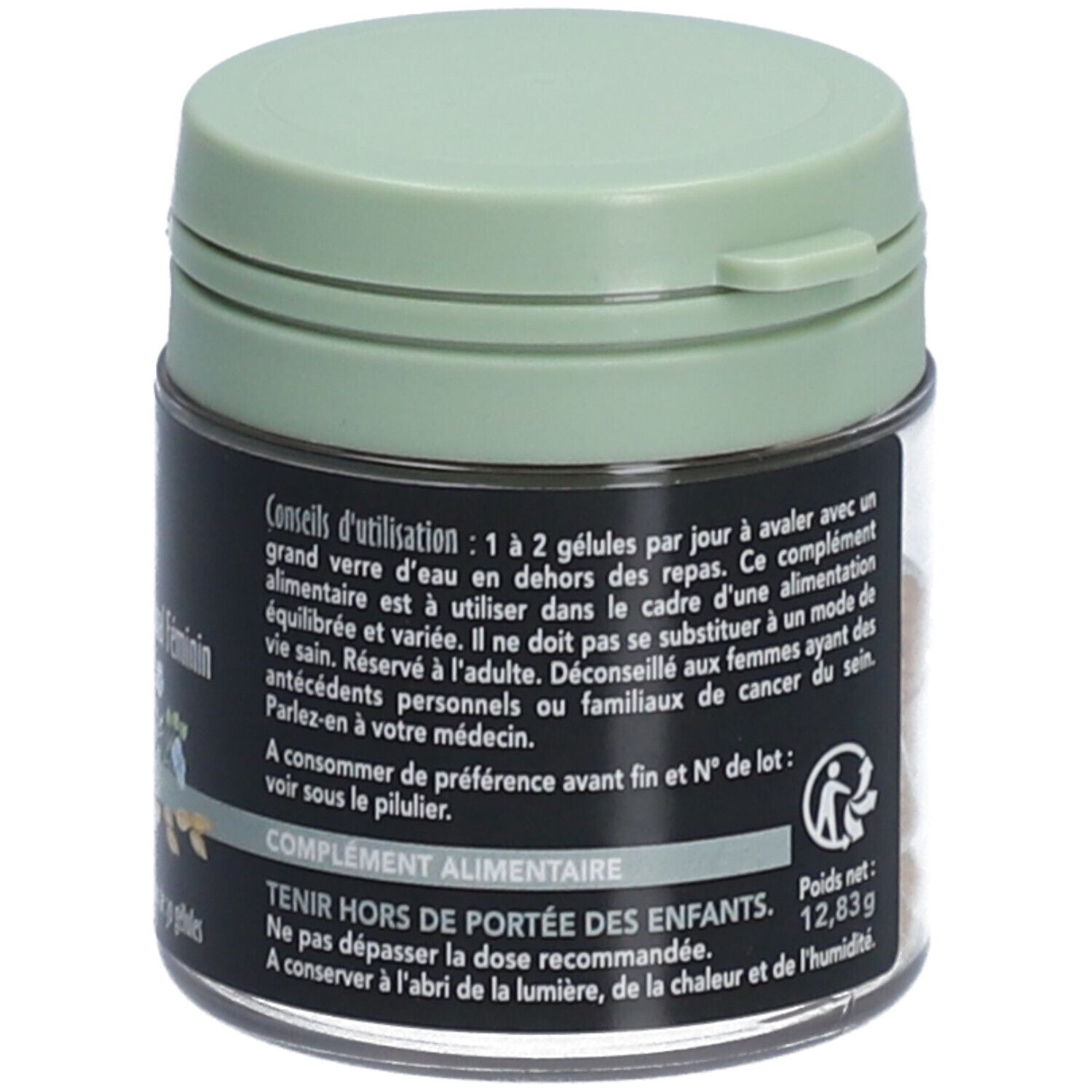 Dos du flacon. Texte: Conseils d'utilisation, poids net 12,83 g, avertissements.