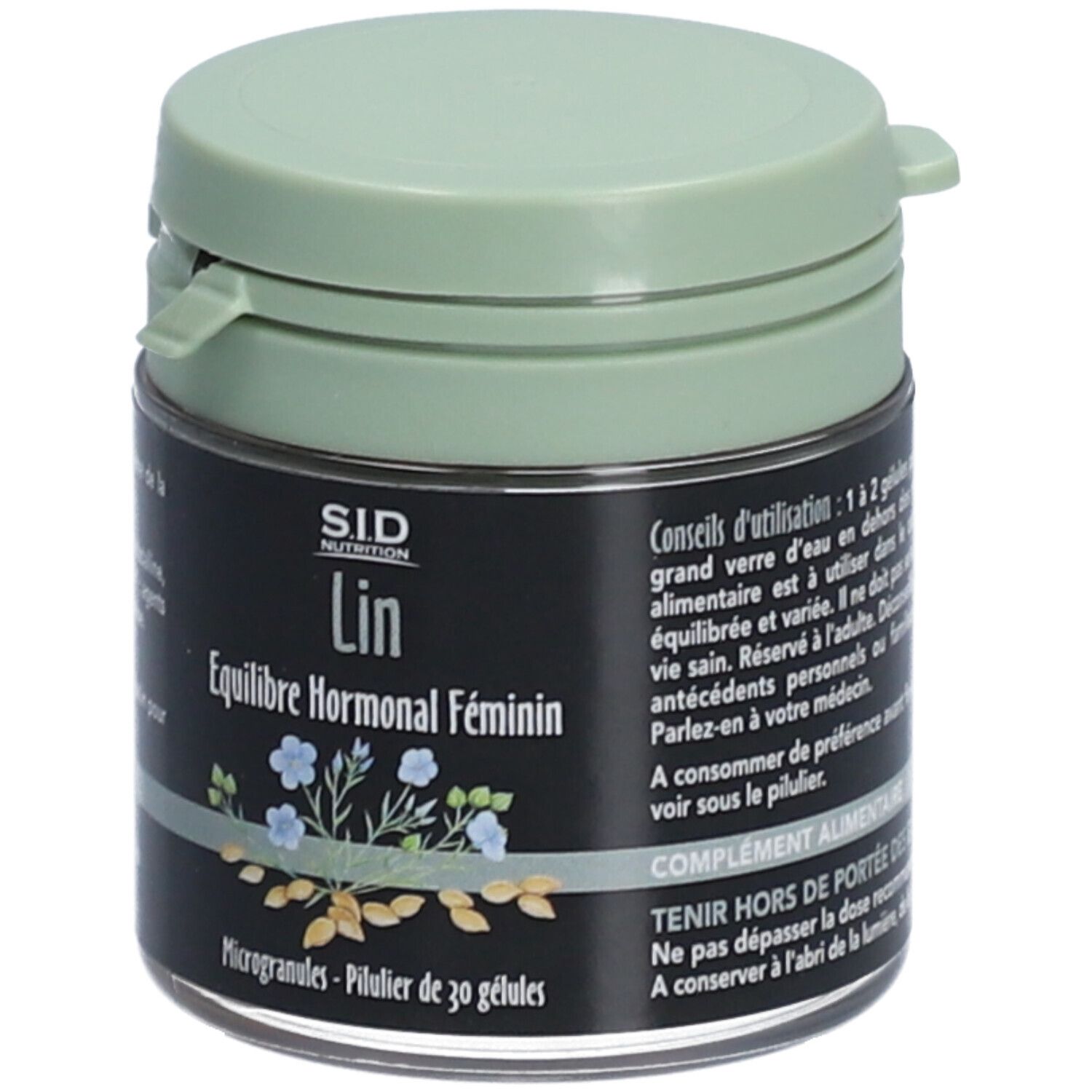 Flacon vert. Inscription: SID Nutrition, Lin, Équilibre Hormonal Féminin. 30 microgranules.