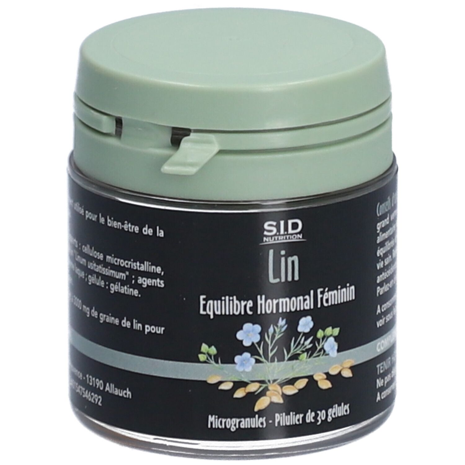 Flacon vert. Inscription: SID Nutrition, Lin, Équilibre Hormonal Féminin. 30 microgranules.