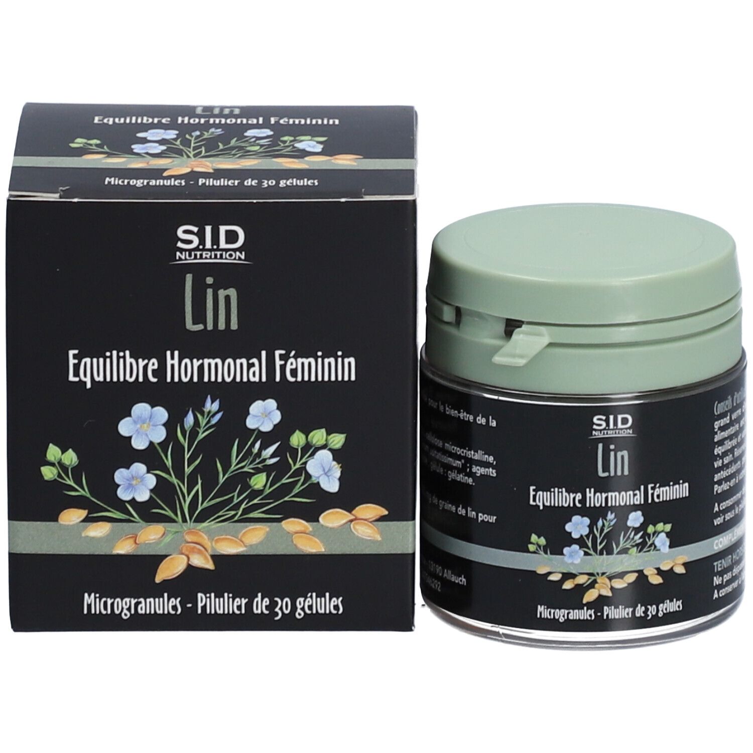 Flacon et boîte. Inscription: SID Nutrition, Lin, Équilibre Hormonal Féminin. 30 microgranules.