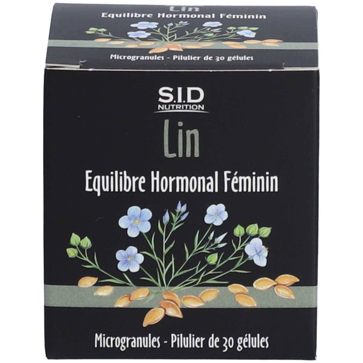 Boîte. Inscription: SID Nutrition, Lin, Équilibre Hormonal Féminin. 30 microgranules.