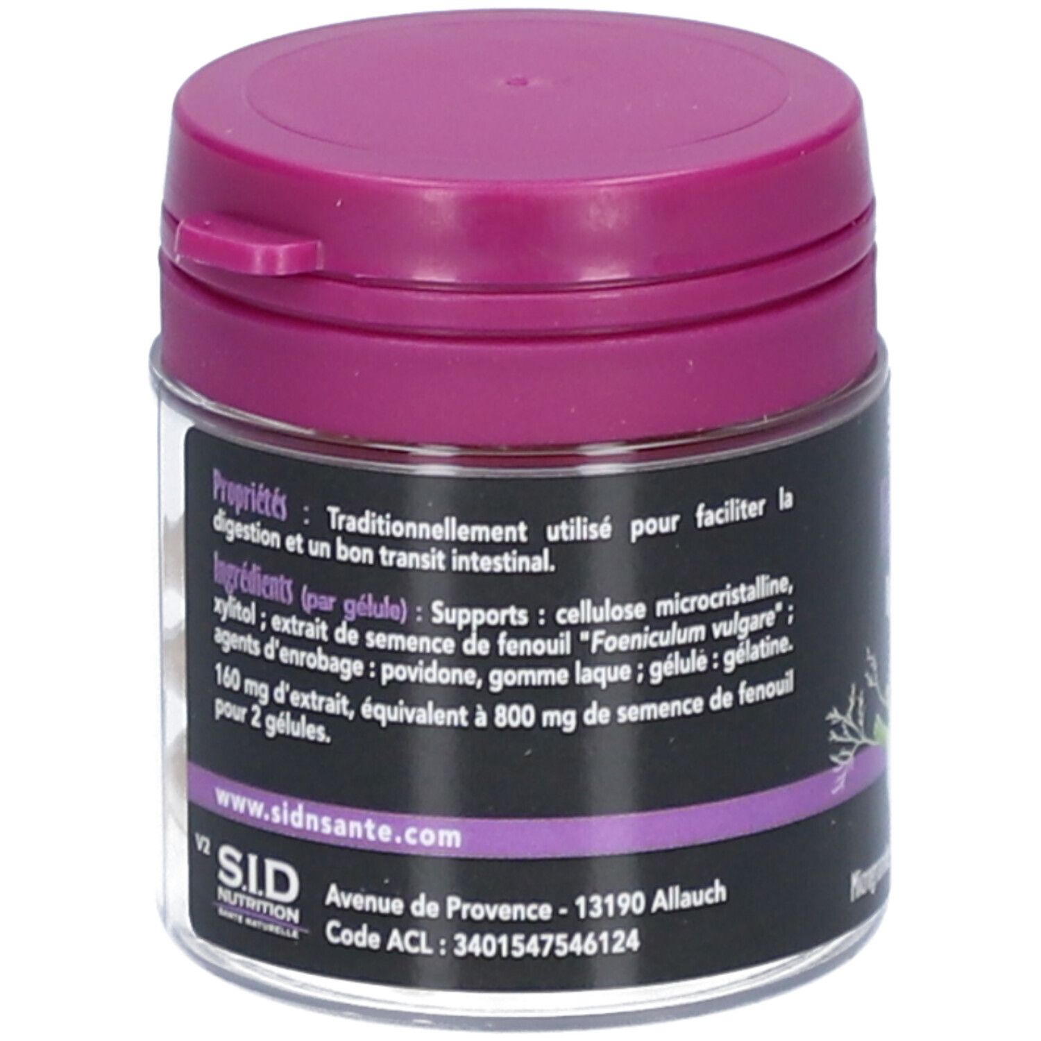 Boîte avec couvercle violet. Dos avec ingrédients et informations fabricant. Marque: SID Nutrition.