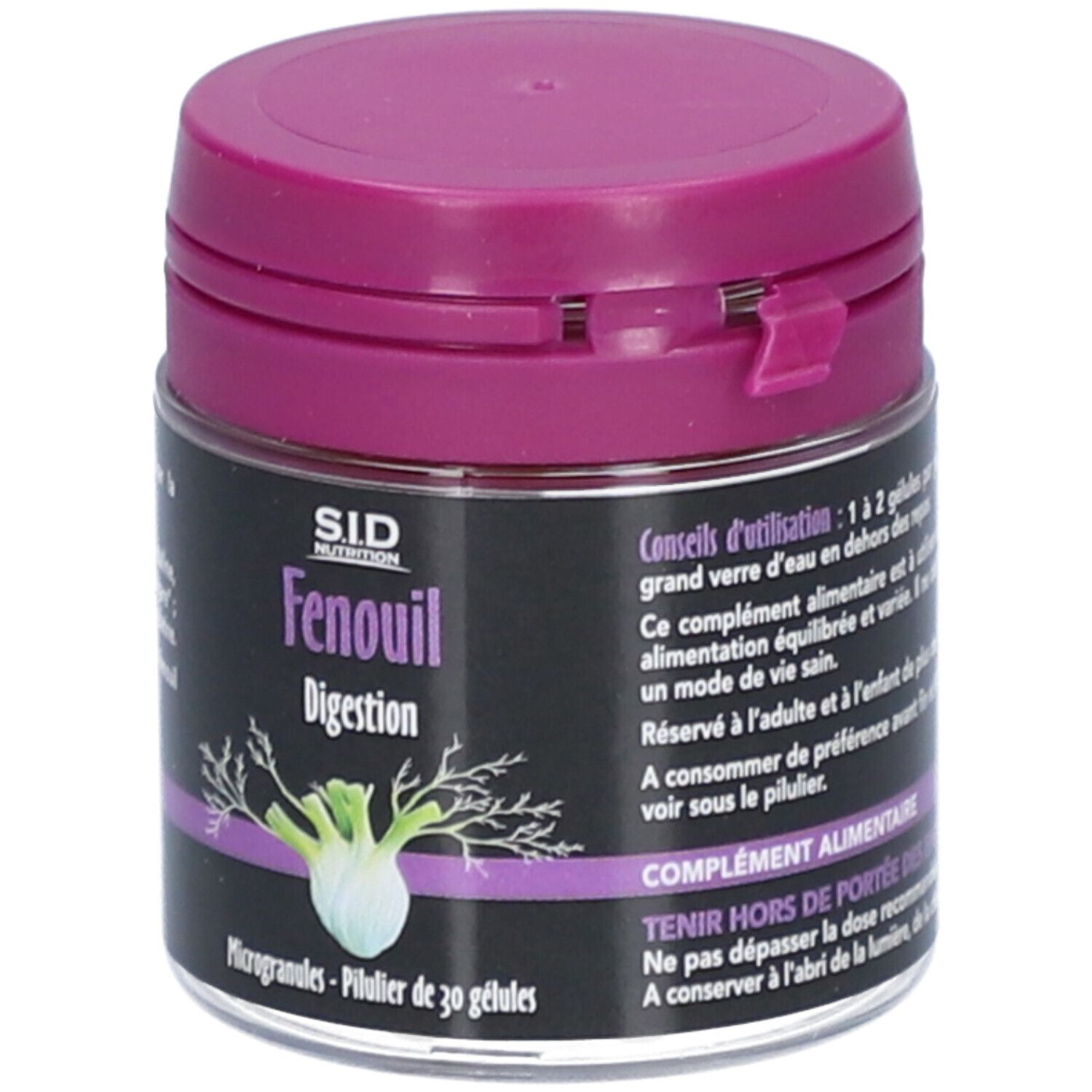 Boîte avec couvercle violet. Inscription: SID Nutrition, Fenouil, Digestion. Contient 30 gélules. Visuel produit.
