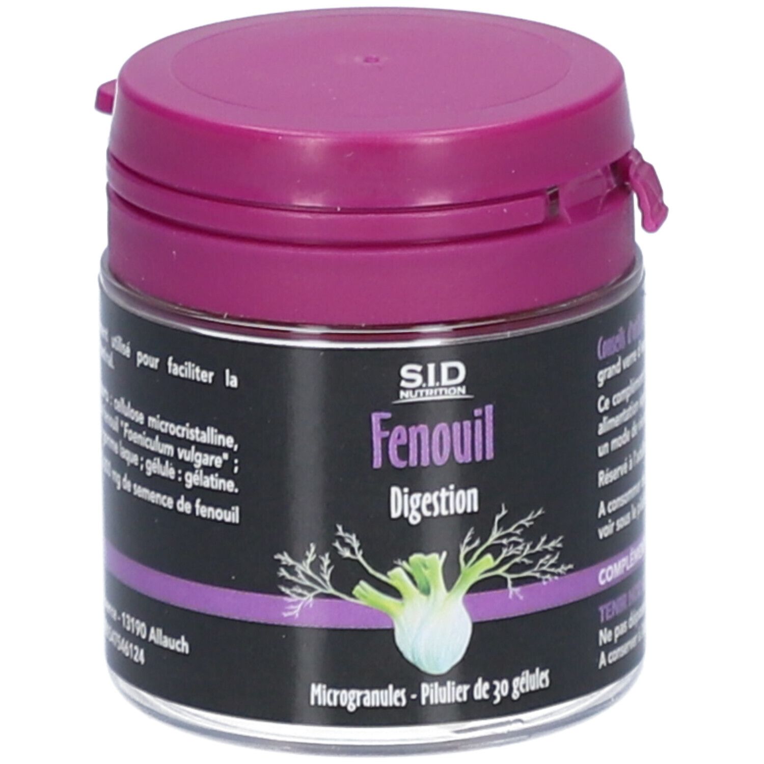 Boîte avec couvercle violet. Inscription: SID Nutrition, Fenouil, Digestion. Contient 30 gélules. Visuel produit.