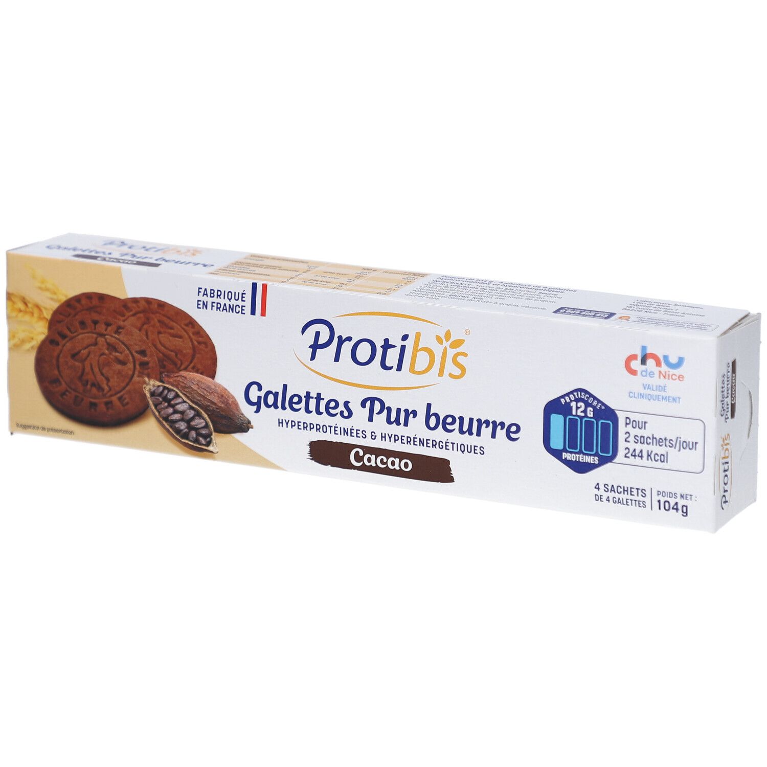 Boîte de Protibis Galettes Pur beurre Cacao. Montre des biscuits et des fèves de cacao. Texte: Fabriqué en France, 12 g protéines.
