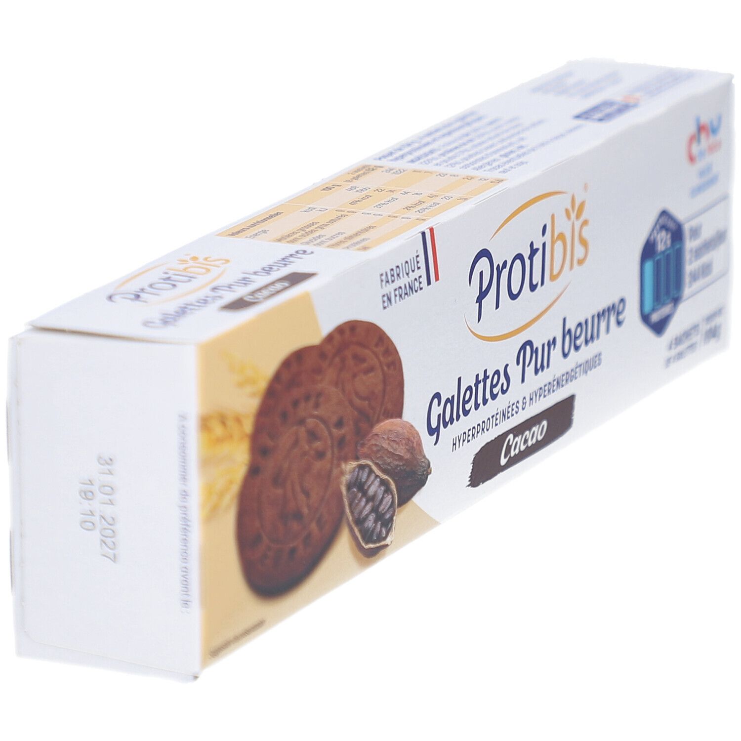 Vue en biais de l'emballage Protibis Galettes Pur beurre Cacao. Montre des biscuits et des fèves de cacao. Texte: Fabriqué en France.
