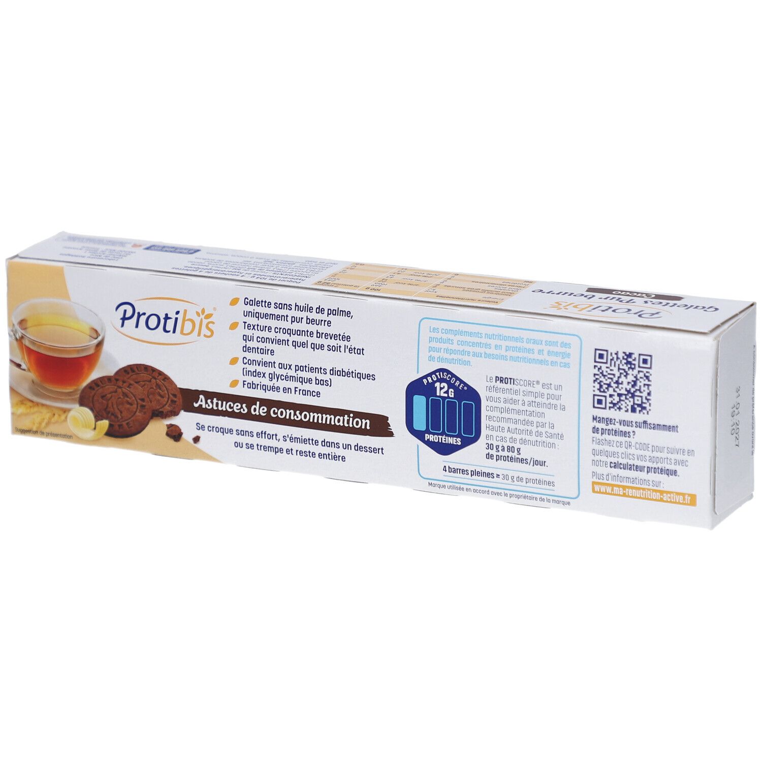 Dos de l'emballage Protibis Galettes Pur beurre Cacao. Montre des biscuits, du thé et du texte. Texte: Astuces de consommation.