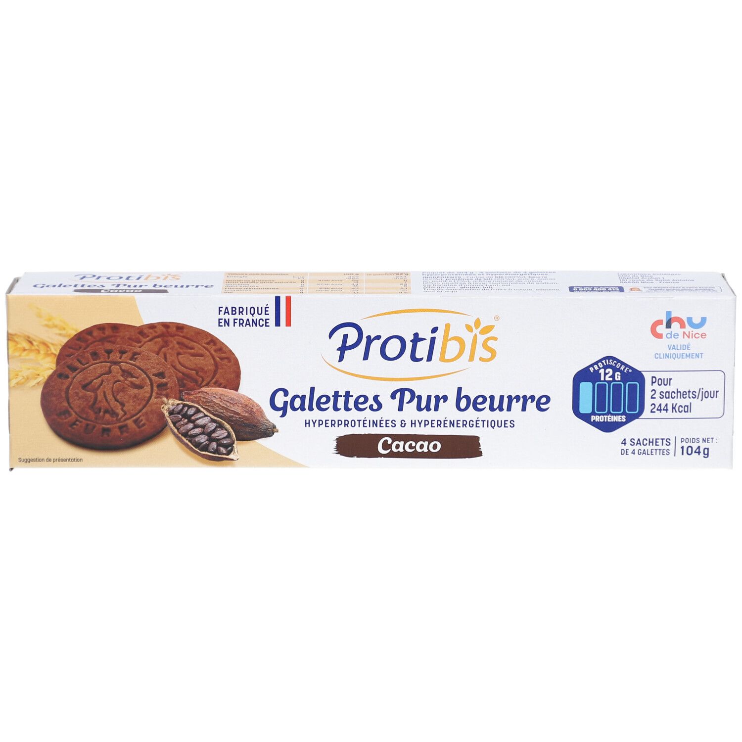 Emballage Protibis Galettes Pur beurre Cacao. Montre des biscuits et des fèves de cacao. Texte: Fabriqué en France, 12 g protéines.