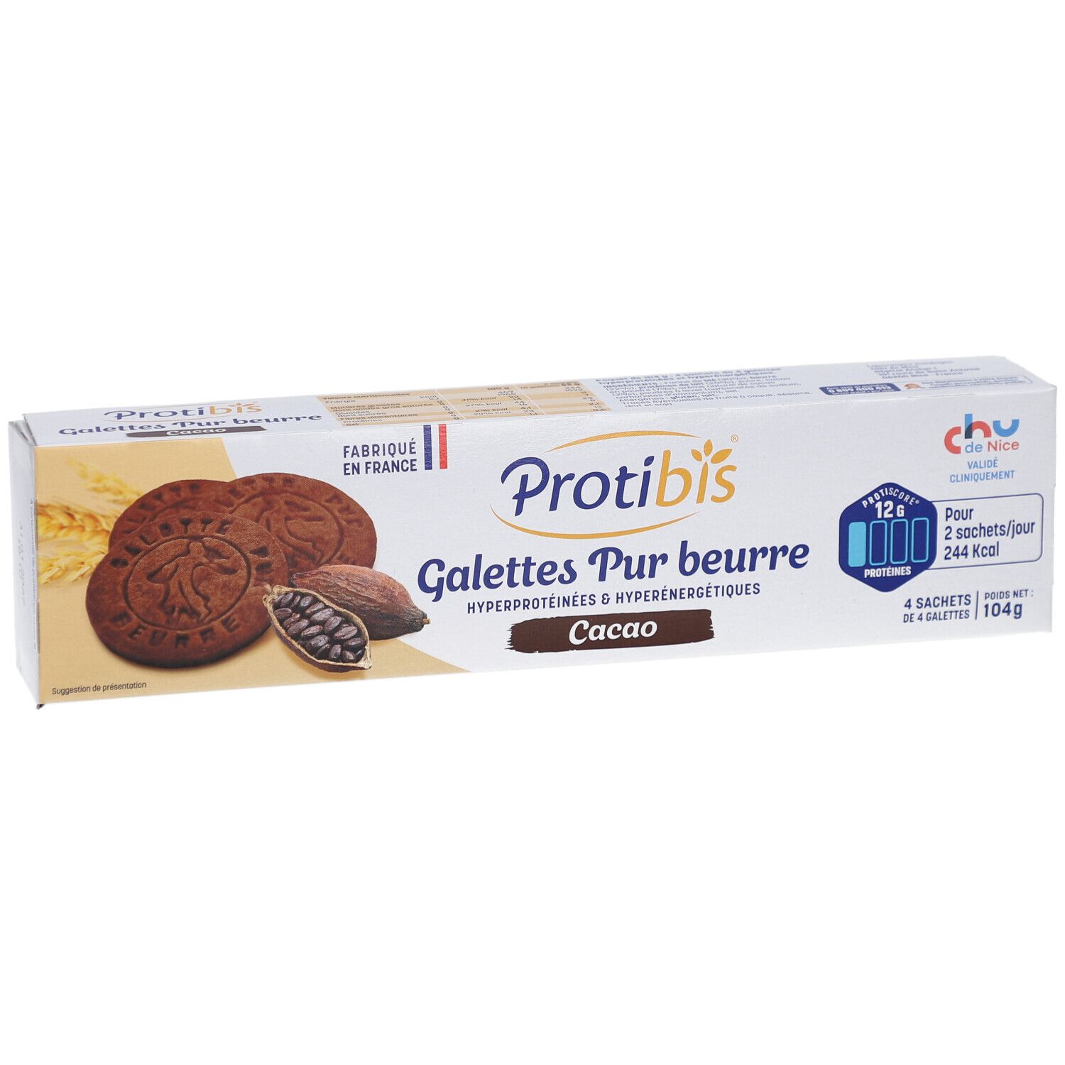 Emballage Protibis Galettes Pur beurre Cacao. Montre des biscuits et des fèves de cacao. Texte: Fabriqué en France, 12 g protéines.