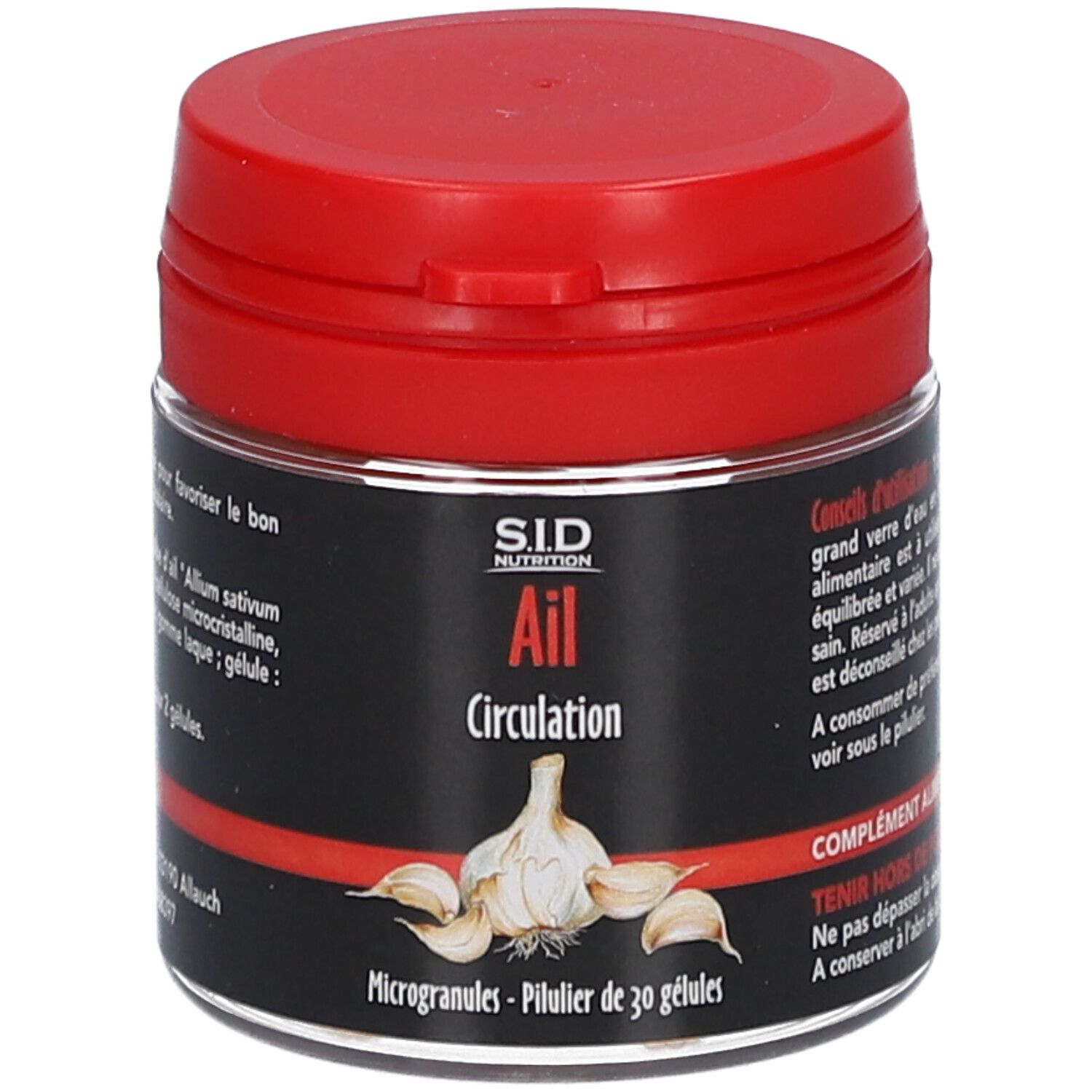 Pot rouge avec capsules. Inscription: SID Nutrition Ail Circulation. Illustration d'une gousse d'ail.