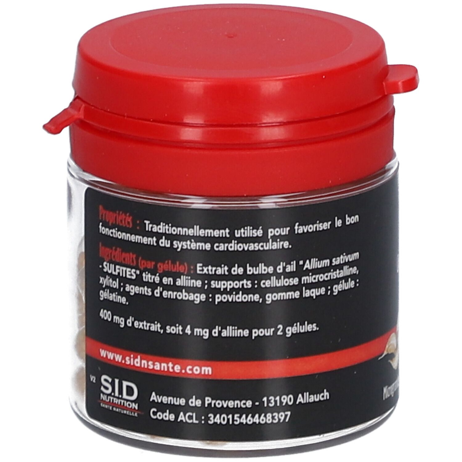 Dos du pot avec ingrédients. Inscription: SID Nutrition. Ingrédients: extrait d'ail, sulfites.