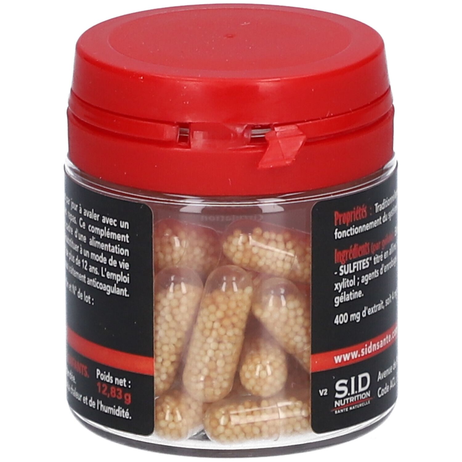Pot avec capsules. Inscription: SID Nutrition. Capsules remplies de petites billes. Couvercle rouge.
