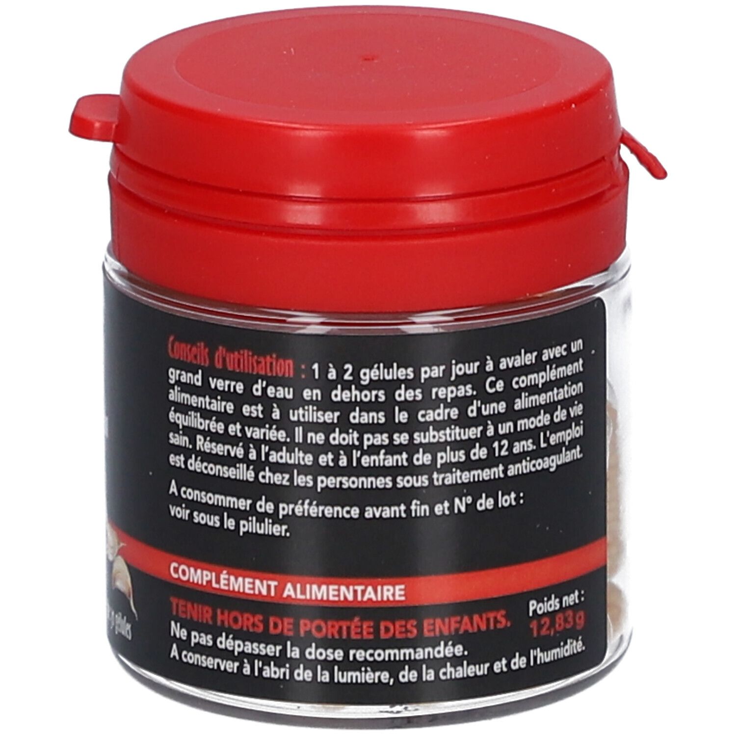Dos du pot avec conseils d'utilisation. Inscription: SID Nutrition. Couvercle rouge. Poids: 12,83g.