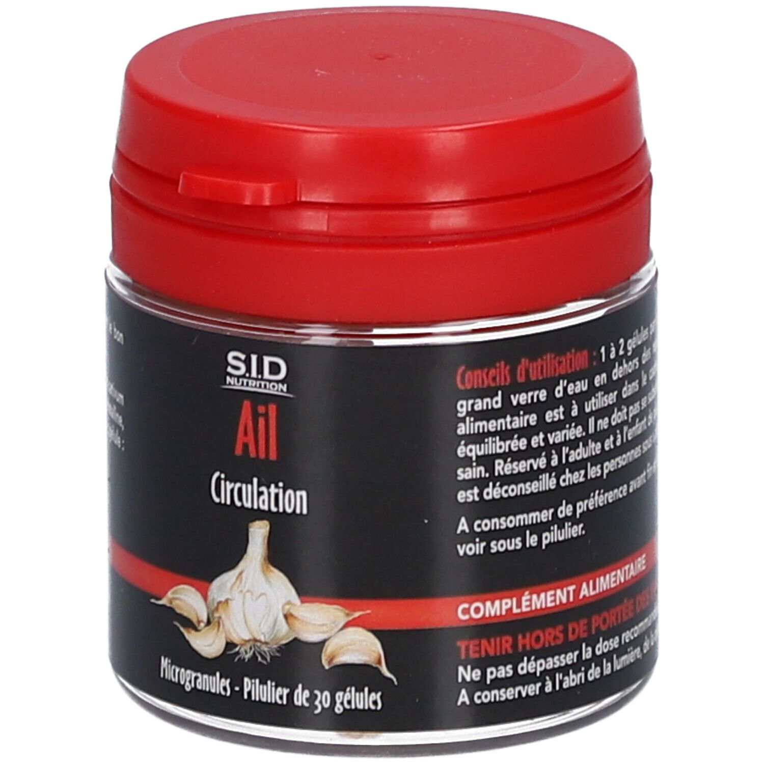 Pot rouge. Inscription: SID Nutrition Ail Circulation. Illustration d'une gousse d'ail. Capsules.