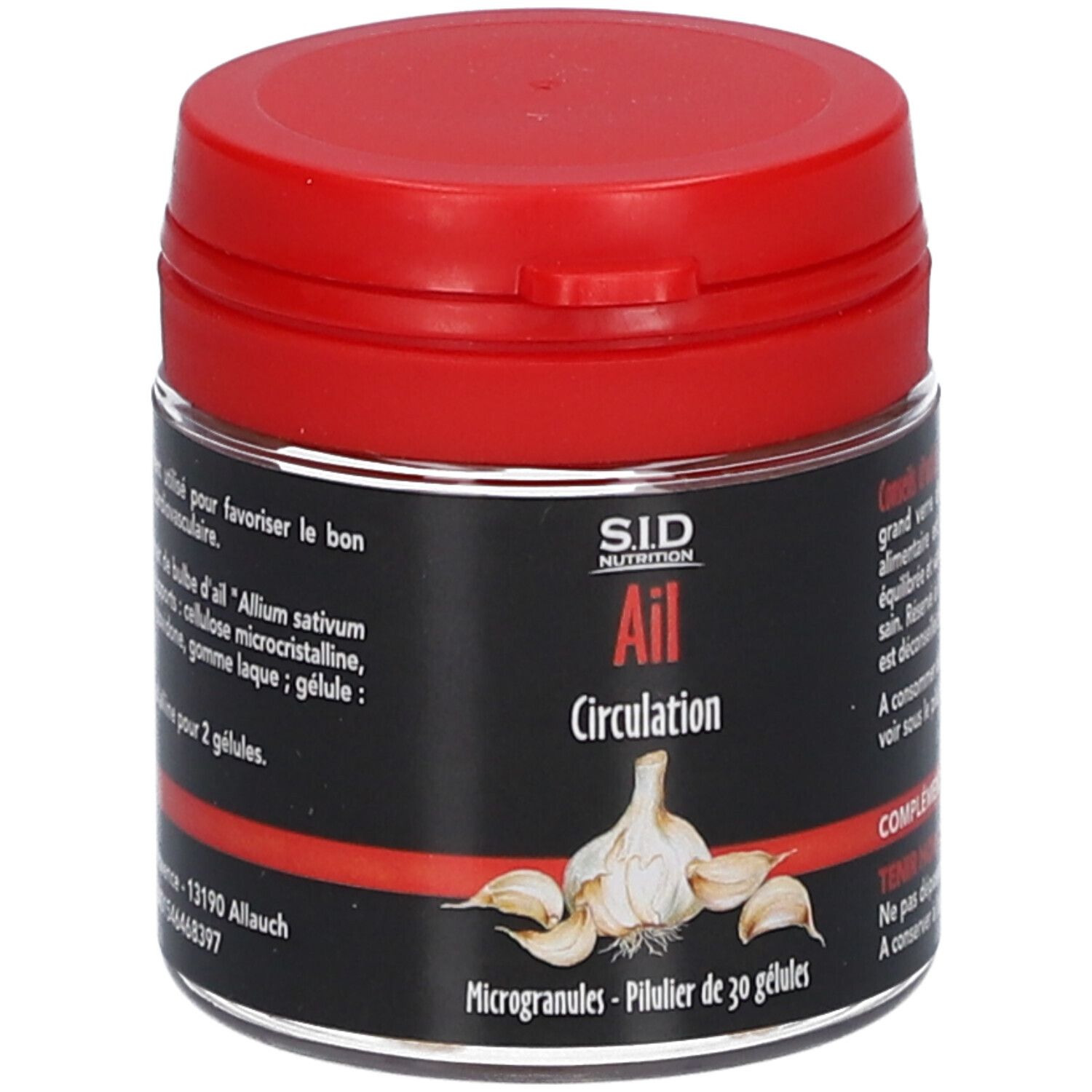 Pot rouge. Inscription: SID Nutrition Ail Circulation. Illustration d'une gousse d'ail. Capsules.