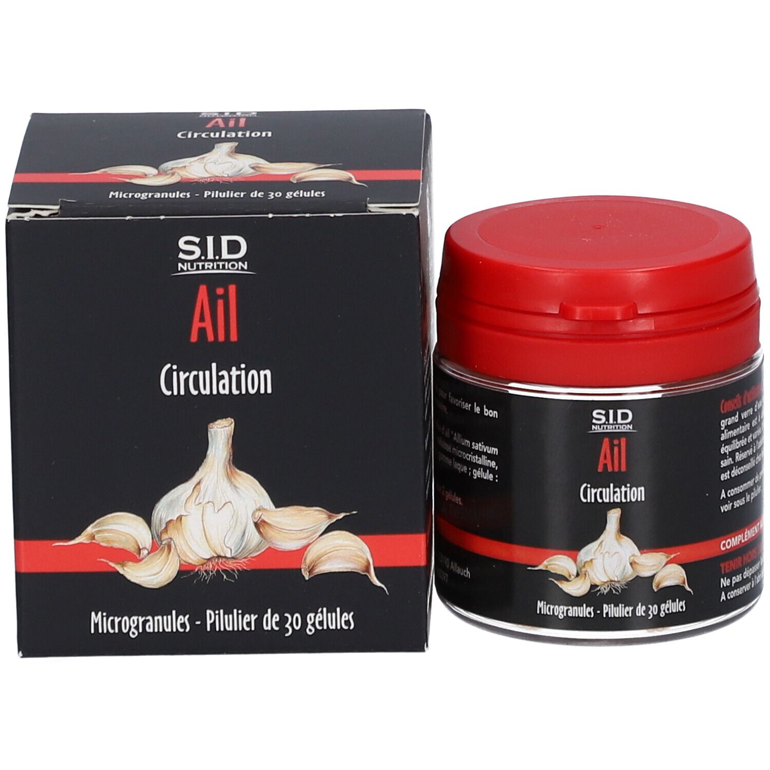 Emballage avec pot et boîte. Inscription: SID Nutrition Ail Circulation. Illustration d'une gousse d'ail.