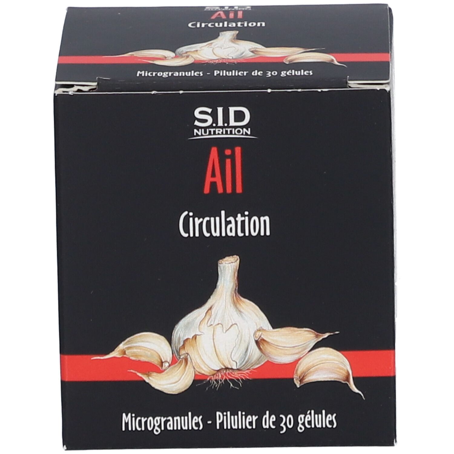Emballage carton. Inscription: SID Nutrition Ail Circulation. Illustration d'une gousse d'ail. Capsules.
