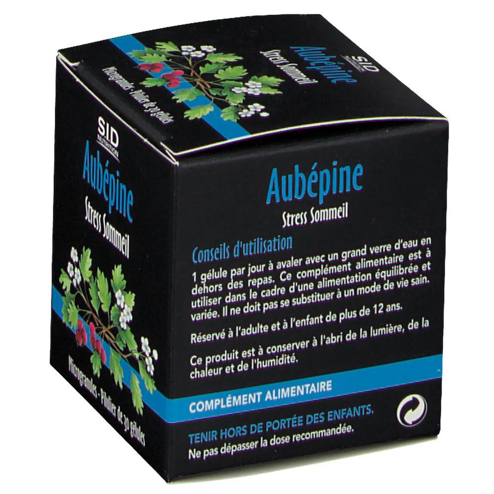 Arrière de la boîte SID Nutrition Aubépine Stress Sommeil avec conseils d'utilisation.